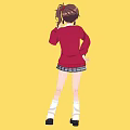 Young Woman In Red Cardigan With Ponytail Hairstyle Against Yellow Background