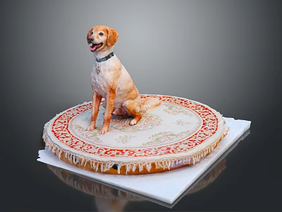 Golden Labrador Dog Sitting On Round Decorative Mat With Intricate Patterns Against Gray Background 3d model