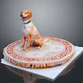 Golden Labrador Dog Sitting On Round Decorative Mat With Intricate Patterns Against Gray Background