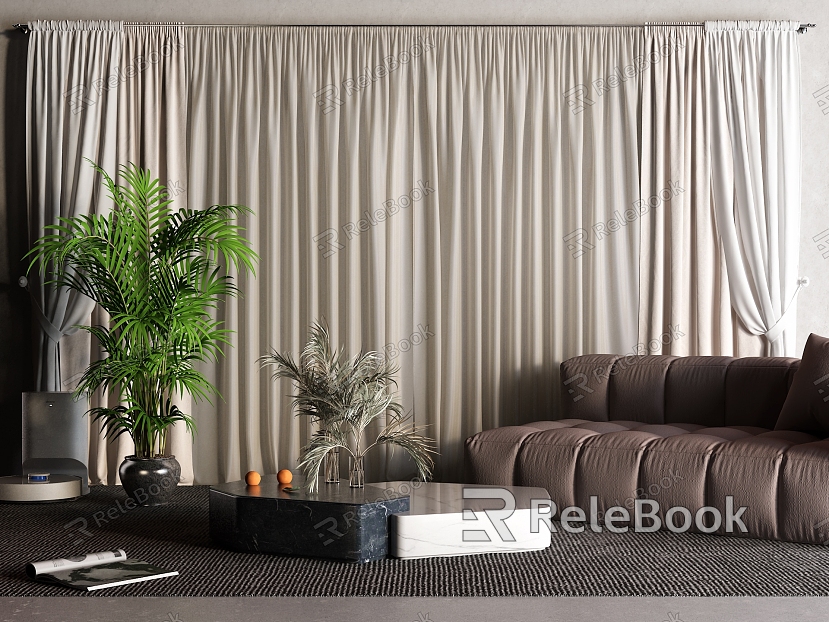 Curtain Gauze Curtain Leather Sofa Marble Coffee Table Sweeping Robot model