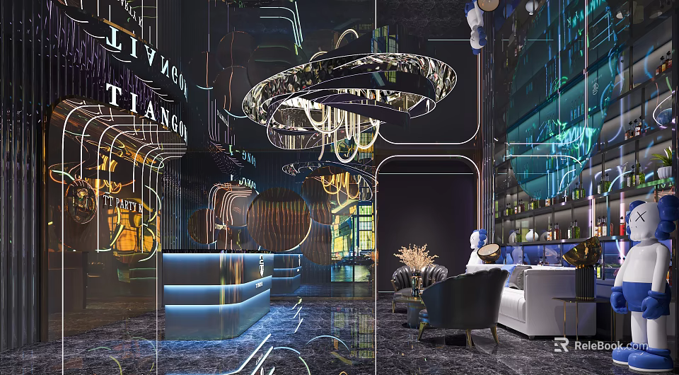 Modern KTV Interior Design With Neon Lights Bar Counter And Comfortable Sofas 3d model 