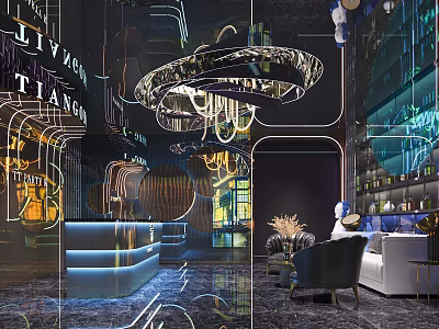 Modern KTV Interior Design With Neon Lights Bar Counter And Comfortable Sofas 3d model