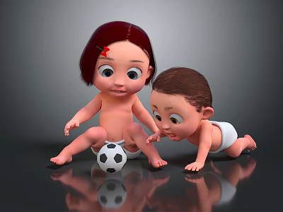 Young Children Playing With Soccer Ball Crawling And Sitting Together 3d model