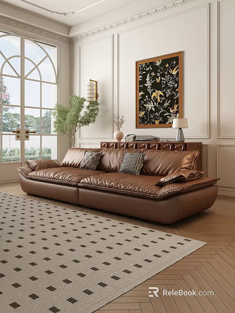 Spacious Brown Leather Sectional Sofa with Pillows in Living Room with Large Windows and Rug 3d model 