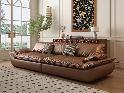 Spacious Brown Leather Sectional Sofa with Pillows in Living Room with Large Windows and Rug 3d model