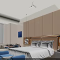 Modern Stylish Hotel Room Interior With Large Bed Wooden Accent Wall And Blue Bench