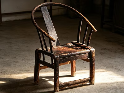 Rustic Vintage Wooden Single Chair With Curved Backrest And Distressed Finish 3d model