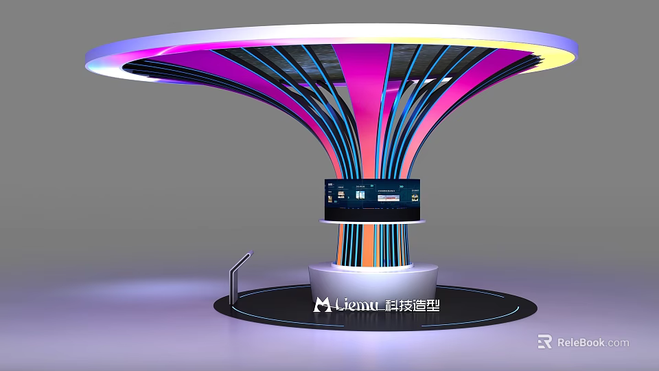 Modern Exhibition Booth Design With Colorful Lines Circular Top And Display Screen 3d model 
