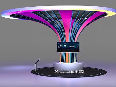Modern Exhibition Booth Design With Colorful Lines Circular Top And Display Screen 3d model