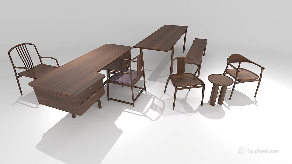 Modern Wooden Table and Chair Set with Long Desk and Multiple Chairs 3d model 