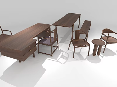 Modern Wooden Table and Chair Set with Long Desk and Multiple Chairs 3d model