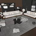 Modern Beige Sofa and Coffee Table Set With Round Tables Pillows Gray Rug and Bookshelves