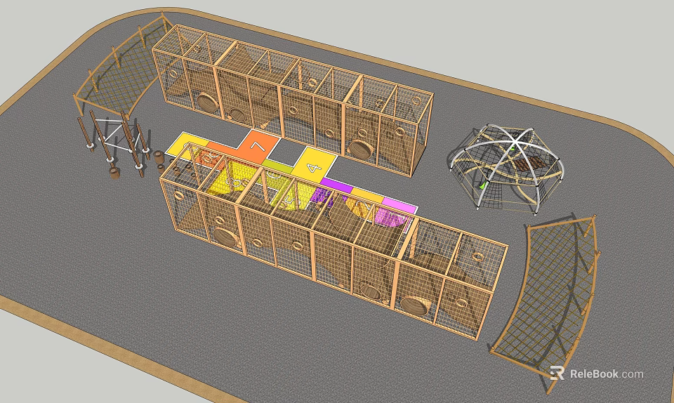 Wooden Playground Equipment With Colorful Floor Panels And Net Climbing Structures 3d model 