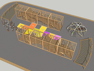 Wooden Playground Equipment With Colorful Floor Panels And Net Climbing Structures 3d model