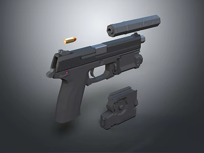Detailed Modern Black Pistol With Magazine And Bullet On Dark Surface 3d model