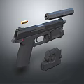 Detailed Modern Black Pistol With Magazine And Bullet On Dark Surface