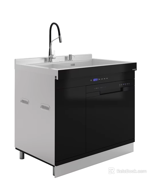 Modern Kitchen Cabinets with Sink Faucet Control Panel and Black White Design 3d model 
