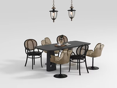 Modern Dining Table Set With Wicker Chairs And Hanging Pendant Lights 3d model