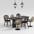 Modern Dining Table Set With Wicker Chairs And Hanging Pendant Lights 3d model