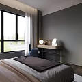 Modern Bedroom Interior With Dark Headboard Bed Built in Wardrobe And Accent Chair