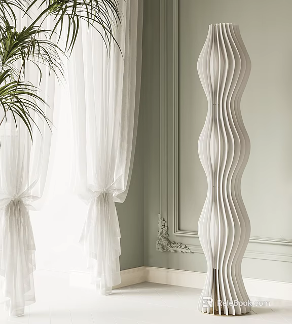 Modern White Floor Lamp with Wave Design Light Green Walls White Curtains and Green Plant 3d model 