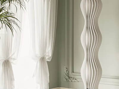 Modern White Floor Lamp with Wave Design Light Green Walls White Curtains and Green Plant 3d model