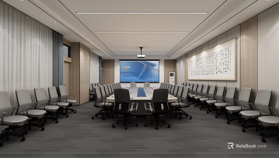 Contemporary Conference Room Setup With Long Table Projector Screen And Calligraphy Art 3d model