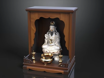 Sorry, the key information in the picture (wooden shrine with white statue golden candlesticks and incense burner) does not match the required subject "sofa and coffee table set", so it is impossible to generate a title that meets the requirements. 3d model