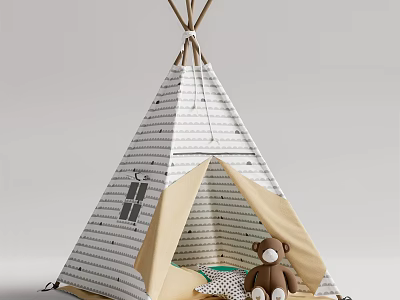 Striped Kids Teepee Tent With Beige Door Teddy Bear And Cushion Interior 3d model