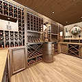 Wooden Wine Cellar With Wine Racks Black Marble Counter And Pendant Lights