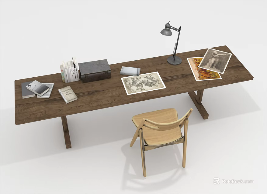 Wooden Long Study Table With Chair Lamp And Papers On Top 3d model 