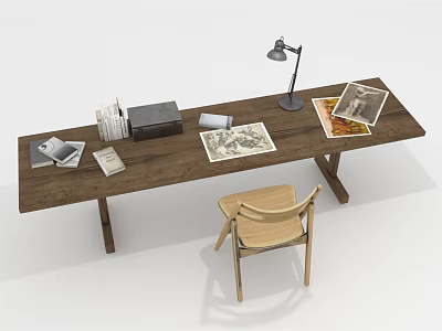 Wooden Long Study Table With Chair Lamp And Papers On Top 3d model