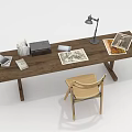 Wooden Long Study Table With Chair Lamp And Papers On Top
