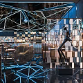 Modern Bar Interior Design With Geometric Ceiling Blue Lighting Bar Counter And Sculpture