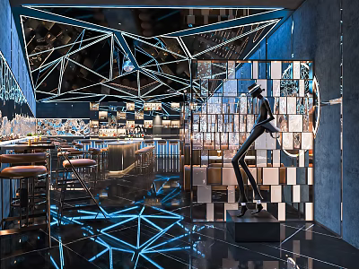 Modern Bar Interior Design With Geometric Ceiling Blue Lighting Bar Counter And Sculpture 3d model