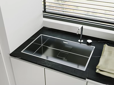 Modern Kitchen Built in Sink with Black Countertop Faucet White Cabinets and Window Blinds 3d model