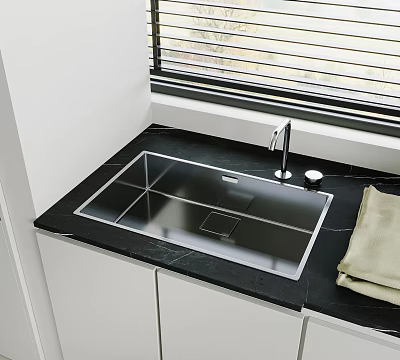 Modern Kitchen Built in Sink with Black Countertop Faucet White Cabinets and Window Blinds 3d model