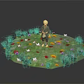 Vibrant Circular Grassy Area With Colorful Flowers And Standing Figure