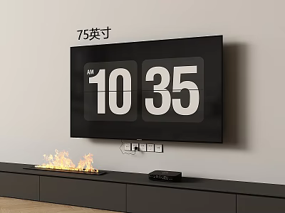 75 Inch TV on Wall Displaying 10 35 AM Time with Fireplace and TV Stand 3d model