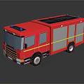 Red Fire Truck 3D Rendering With Yellow Stripes And Blue Emergency Lights Shiny Surface