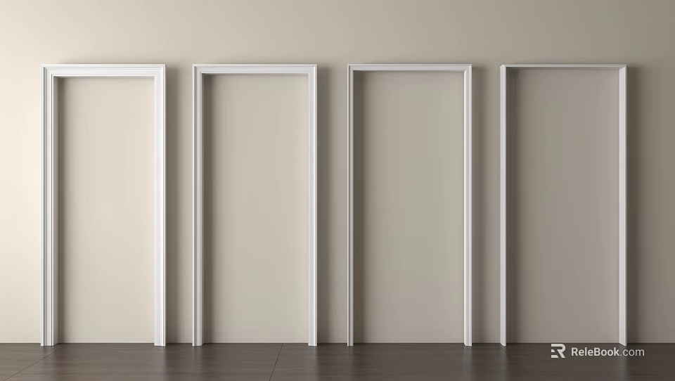 Four White Framed Empty Frames Against Beige Wall With Dark Wooden Floor 3d model