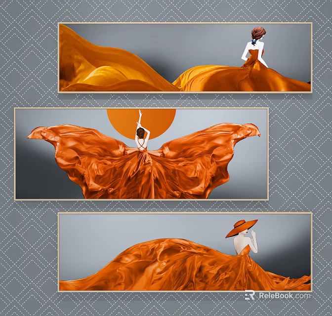 Graceful Figure Painting of Woman in Flowing Orange Dress With Hat and Skirt Movement 3d model 