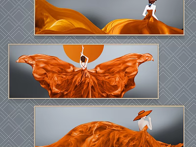 Graceful Figure Painting of Woman in Flowing Orange Dress With Hat and Skirt Movement 3d model