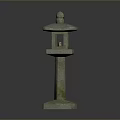 Three Stone Lanterns With Mossy Green And Light Stone Bases And Rounded Tops