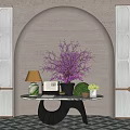 Decorative Ornament Set With Purple Bouquet Lamp Green Plants On Table Arched Wall Gray Cabinets
