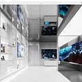 Modern Exhibition Hall Design With White Display Shelves Large Digital Screens And Contemporary Lighting