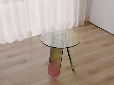 Modern Round Glass Top Side Table With Colorful Legs On Wooden Floor 3d model