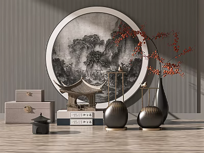 Elegant Decorative Ornament Set with Circular Landscape Painting Red Branches and Black Vases 3d model