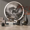 Elegant Decorative Ornament Set with Circular Landscape Painting Red Branches and Black Vases
