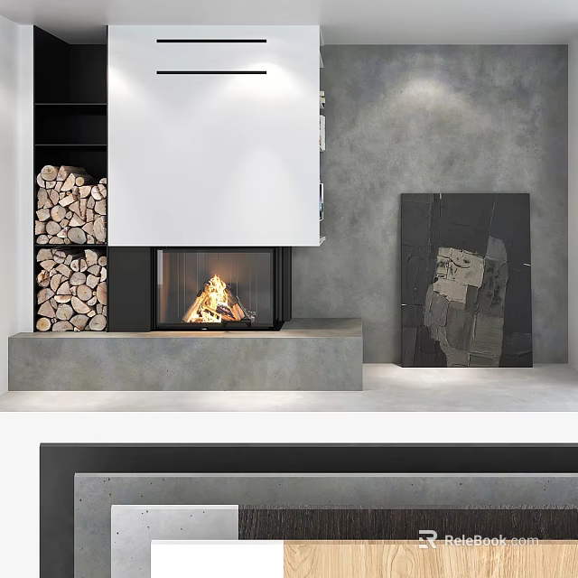 Lit Modern Fireplace With Stacked Wood Logs And Abstract Painting On Gray Walls 3d model 
